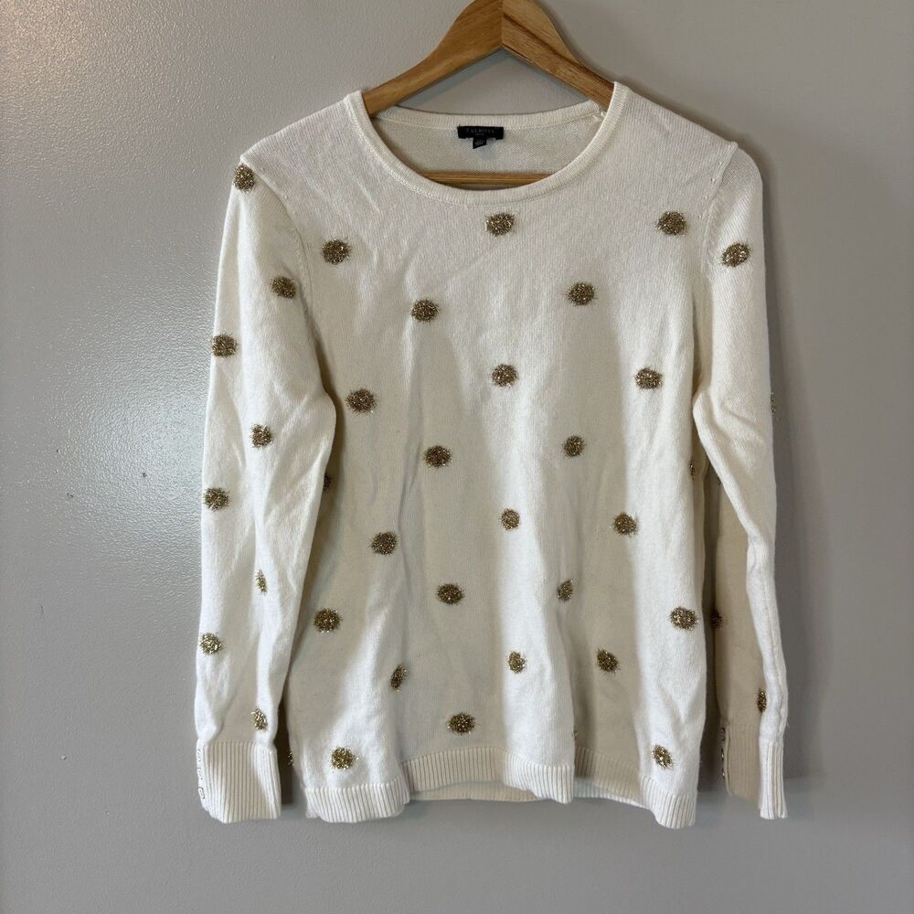 Talbots Wool Blend Sweater Ivory Gold Poms Pullover Sz Large Petite